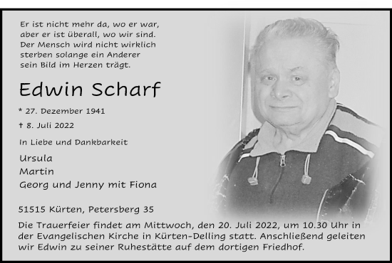 Anzeige von Edwin Scharf von Kölner Stadt-Anzeiger / Kölnische Rundschau / Express