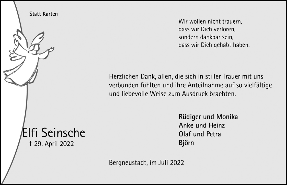  Traueranzeige für Elfi Seinsche vom 15.07.2022 aus  Anzeigen Echo 