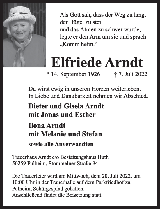 Anzeige von Elfriede Arndt von  Wochenende 