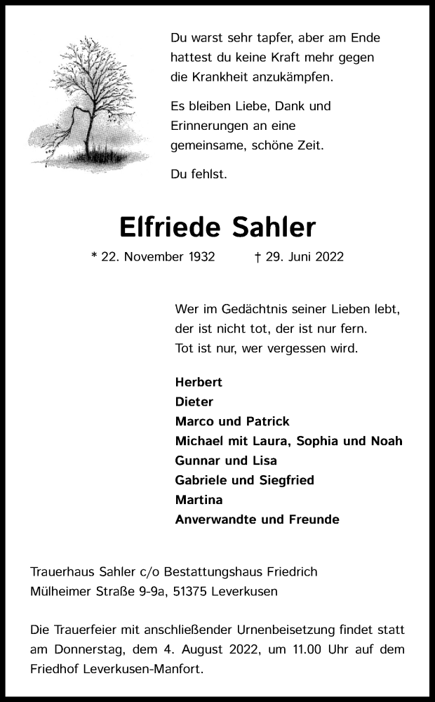  Traueranzeige für Elfriede Sahler vom 16.07.2022 aus Kölner Stadt-Anzeiger / Kölnische Rundschau / Express