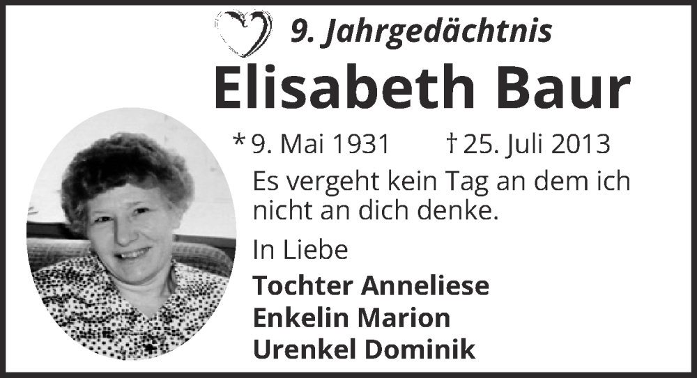  Traueranzeige für Elisabeth Baur vom 29.07.2022 aus  EXPRESS - Die Woche 