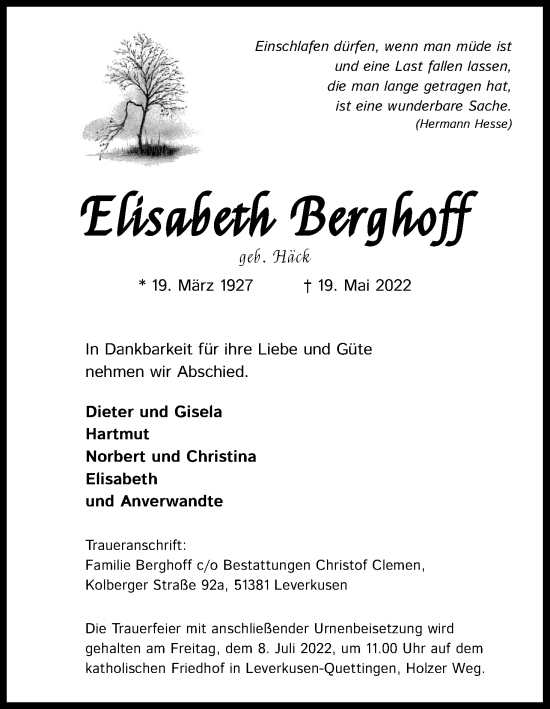 Anzeige von Elisabeth Berghoff von Kölner Stadt-Anzeiger / Kölnische Rundschau / Express
