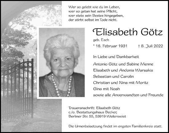 Anzeige von Elisabeth Götz von  Blickpunkt Euskirchen 