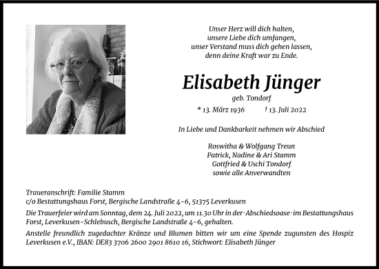 Anzeige von Elisabeth Jünger von Kölner Stadt-Anzeiger / Kölnische Rundschau / Express