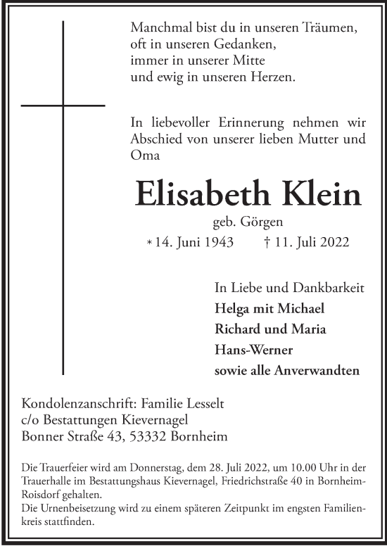 Anzeige von Elisabeth Klein von  Schaufenster/Blickpunkt 