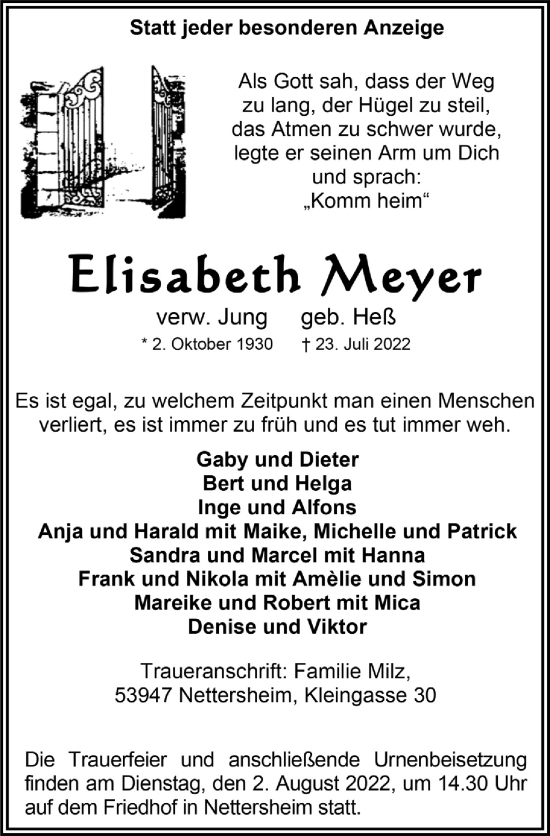 Anzeige von Elisabeth Meyer von  Blickpunkt Euskirchen 