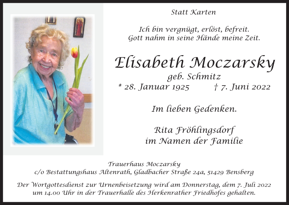  Traueranzeige für Elisabeth Moczarsky vom 02.07.2022 aus Kölner Stadt-Anzeiger / Kölnische Rundschau / Express