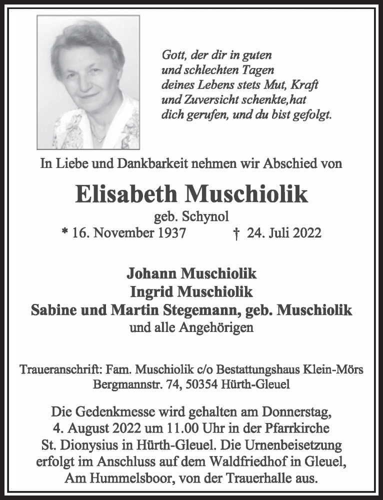  Traueranzeige für Elisabeth Muschiolik vom 29.07.2022 aus  Wochenende 