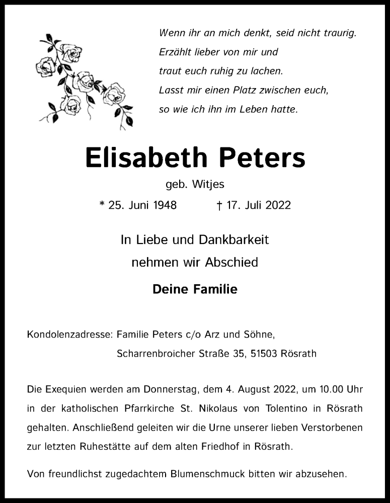  Traueranzeige für Elisabeth Peters vom 30.07.2022 aus Kölner Stadt-Anzeiger / Kölnische Rundschau / Express