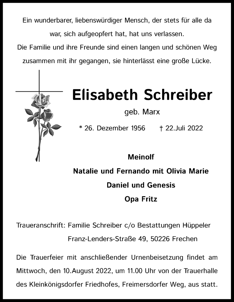  Traueranzeige für Elisabeth Schreiber vom 30.07.2022 aus Kölner Stadt-Anzeiger / Kölnische Rundschau / Express