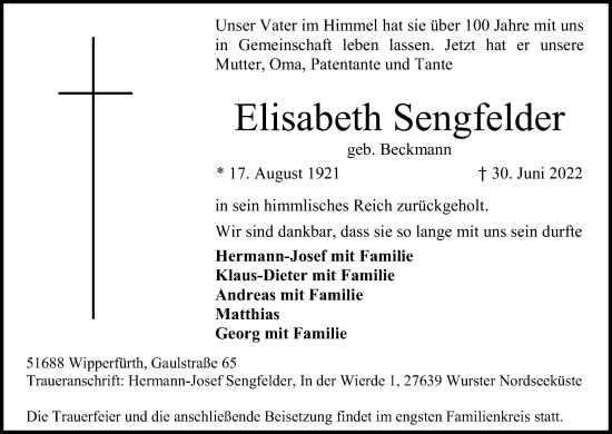 Anzeige von Elisabeth Sengfelder von Kölner Stadt-Anzeiger / Kölnische Rundschau / Express