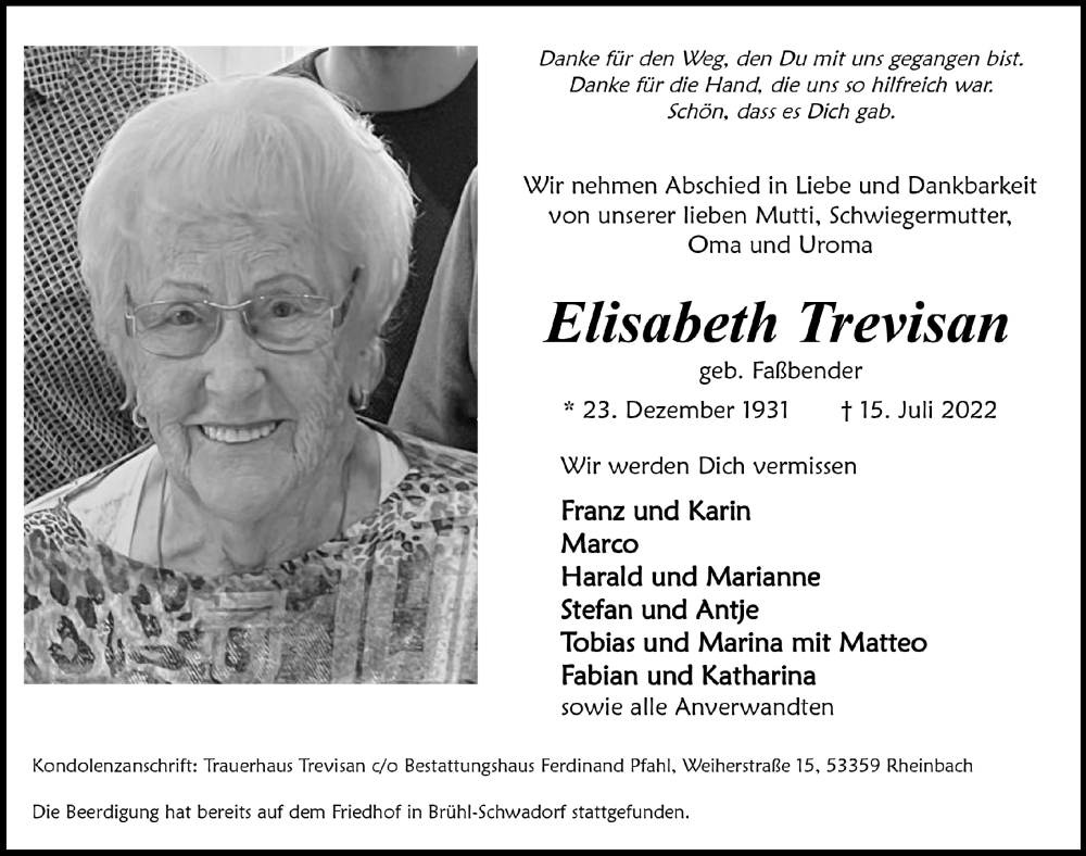  Traueranzeige für Elisabeth Trevisan vom 22.07.2022 aus  Schlossbote/Werbekurier 
