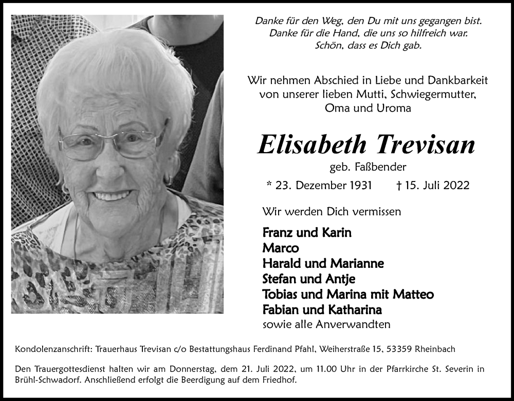  Traueranzeige für Elisabeth Trevisan vom 19.07.2022 aus Kölner Stadt-Anzeiger / Kölnische Rundschau / Express