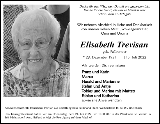 Anzeige von Elisabeth Trevisan von Kölner Stadt-Anzeiger / Kölnische Rundschau / Express