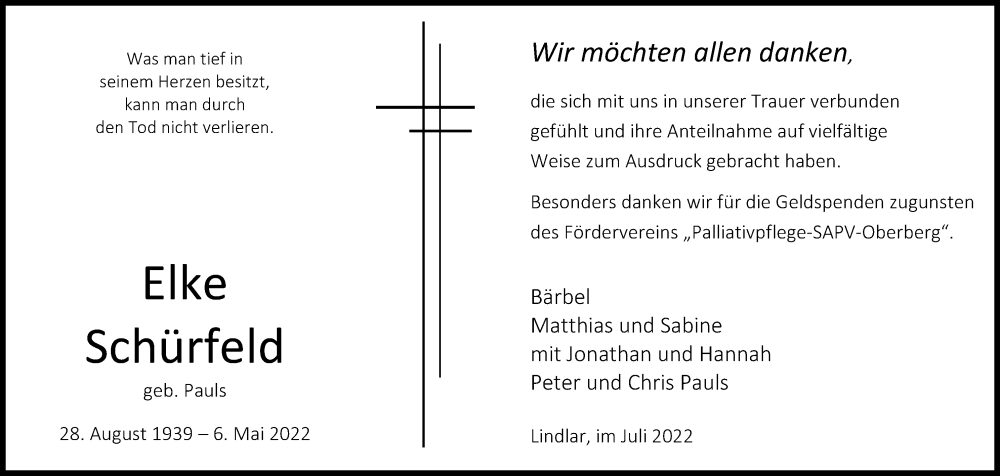  Traueranzeige für Elke Schürfeld vom 02.07.2022 aus Kölner Stadt-Anzeiger / Kölnische Rundschau / Express