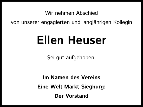 Anzeige von Ellen Heuser von Kölner Stadt-Anzeiger / Kölnische Rundschau / Express