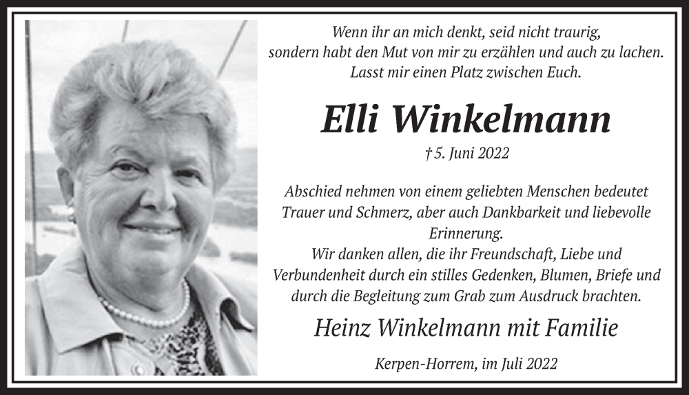  Traueranzeige für Elli Winkelmann vom 08.07.2022 aus  Werbepost 