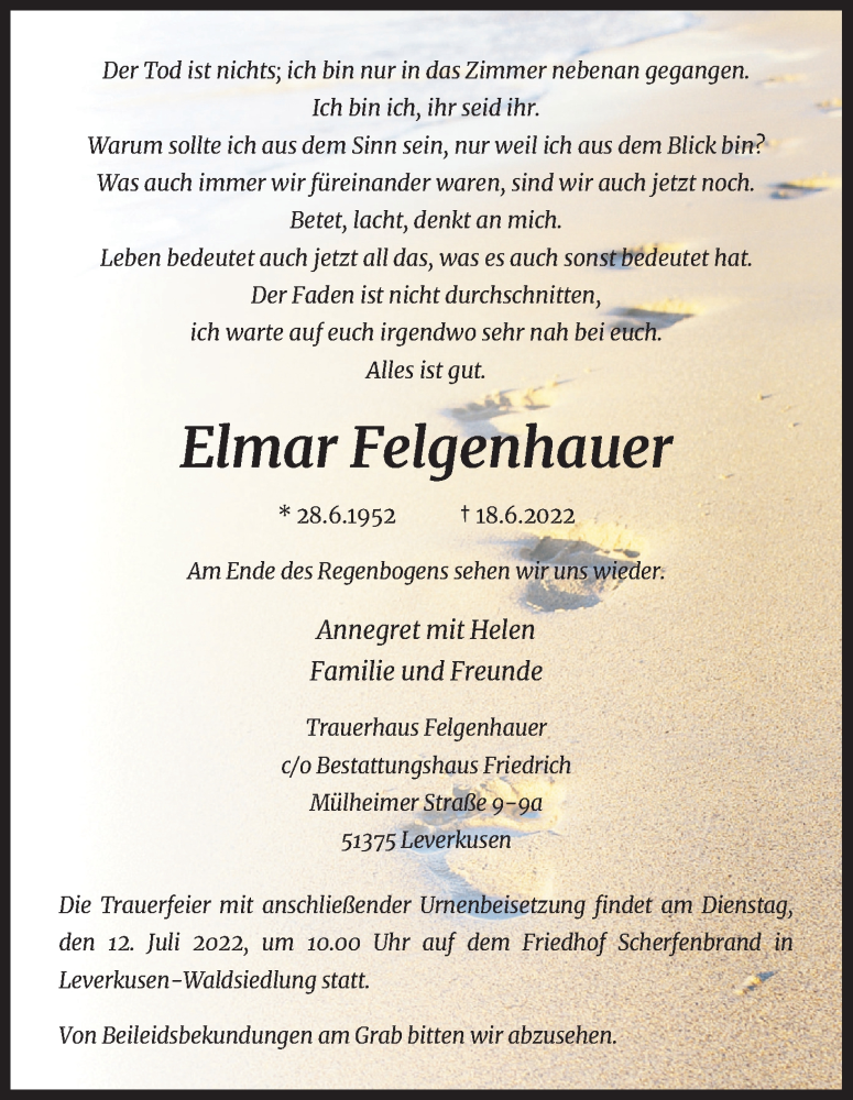  Traueranzeige für Elmar Felgenhauer vom 02.07.2022 aus Kölner Stadt-Anzeiger / Kölnische Rundschau / Express