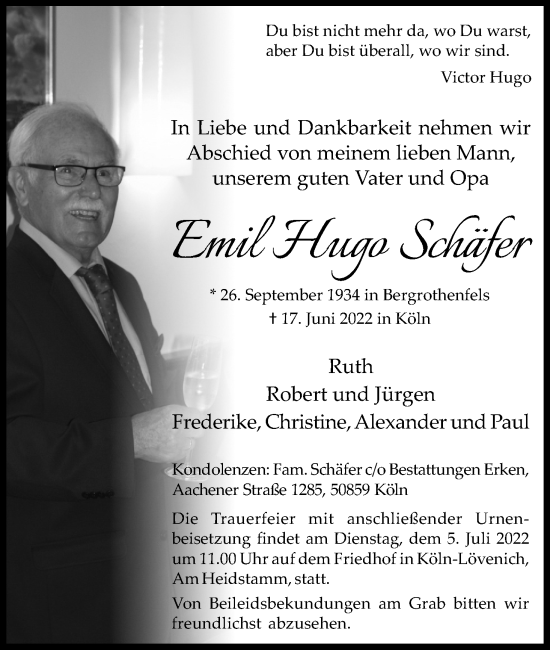 Anzeige von Emil Hugo Schäfer von Kölner Stadt-Anzeiger / Kölnische Rundschau / Express
