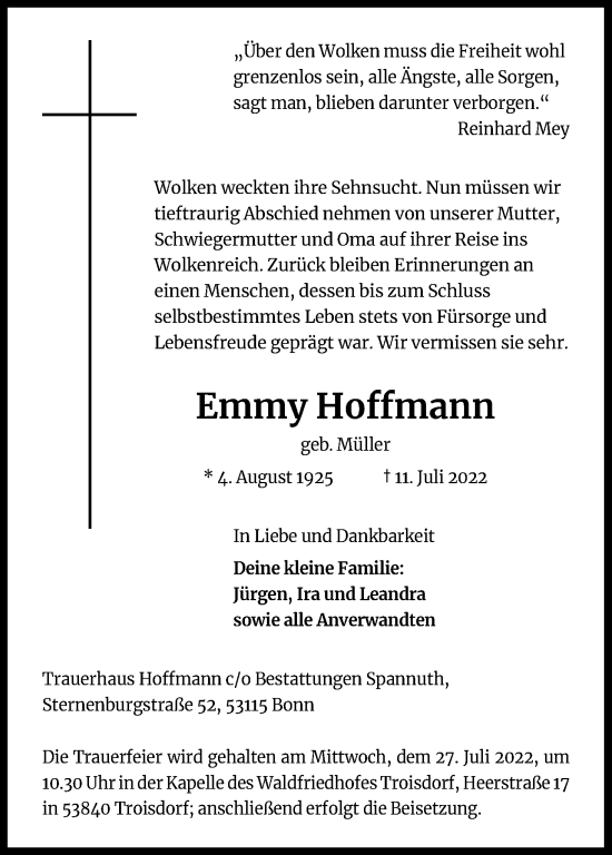 Anzeige von Emmy Hoffmann von Kölner Stadt-Anzeiger / Kölnische Rundschau / Express