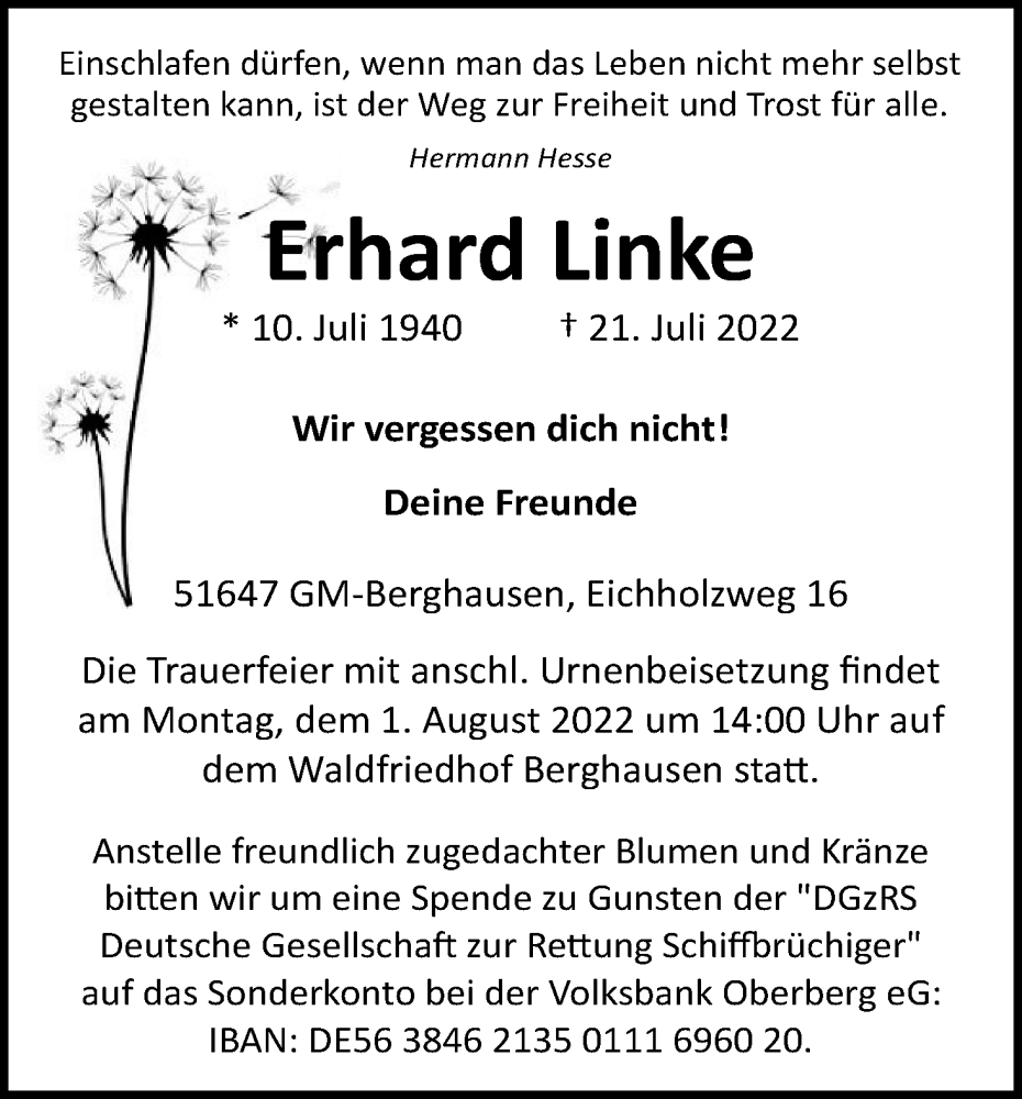  Traueranzeige für Erhard Linke vom 28.07.2022 aus Kölner Stadt-Anzeiger / Kölnische Rundschau / Express