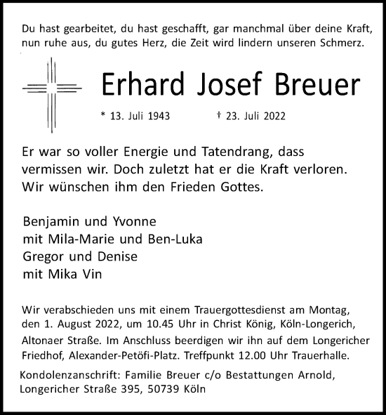 Anzeige von Erhard Josef Breuer von Kölner Stadt-Anzeiger / Kölnische Rundschau / Express