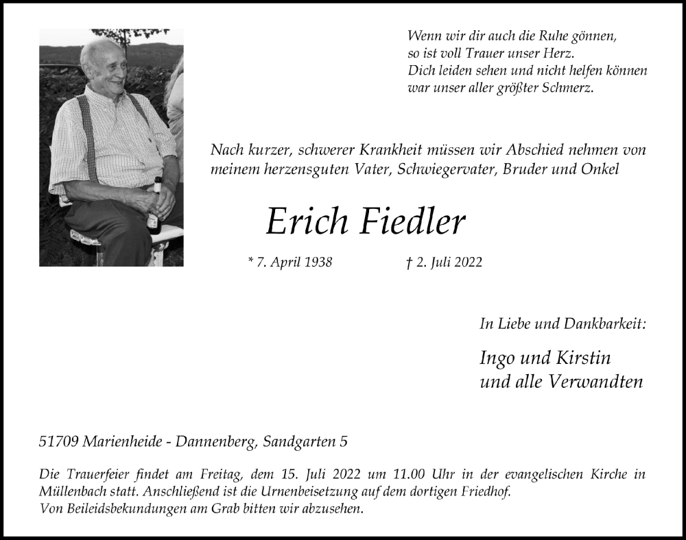  Traueranzeige für Erich Fiedler vom 08.07.2022 aus  Anzeigen Echo 