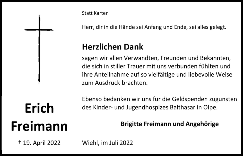  Traueranzeige für Erich Freimann vom 08.07.2022 aus  Anzeigen Echo 