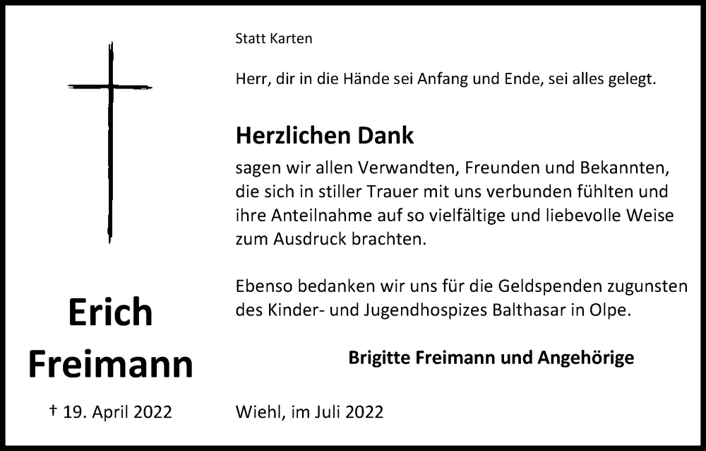  Traueranzeige für Erich Freimann vom 09.07.2022 aus Kölner Stadt-Anzeiger / Kölnische Rundschau / Express