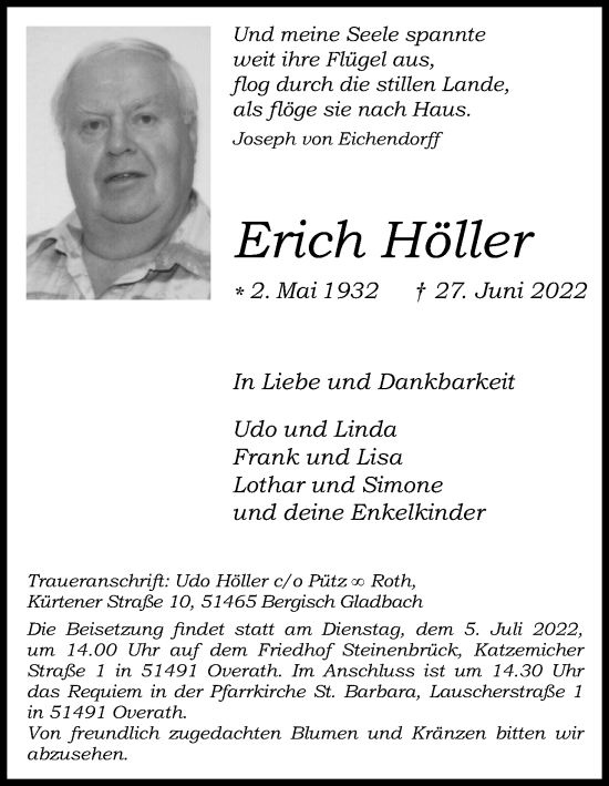 Anzeige von Erich Höller von Kölner Stadt-Anzeiger / Kölnische Rundschau / Express