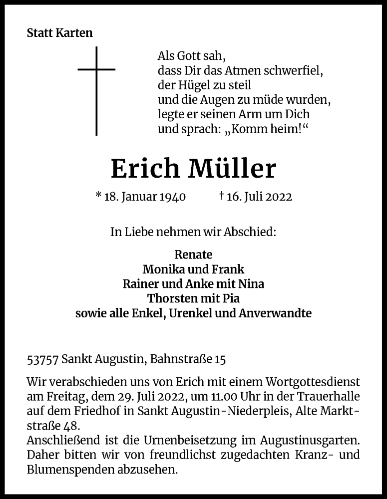  Traueranzeige für Erich Müller vom 23.07.2022 aus Kölner Stadt-Anzeiger / Kölnische Rundschau / Express