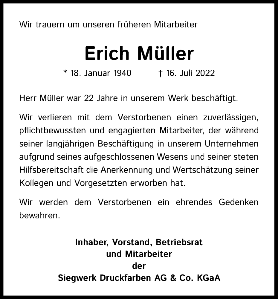  Traueranzeige für Erich Müller vom 27.07.2022 aus Kölner Stadt-Anzeiger / Kölnische Rundschau / Express