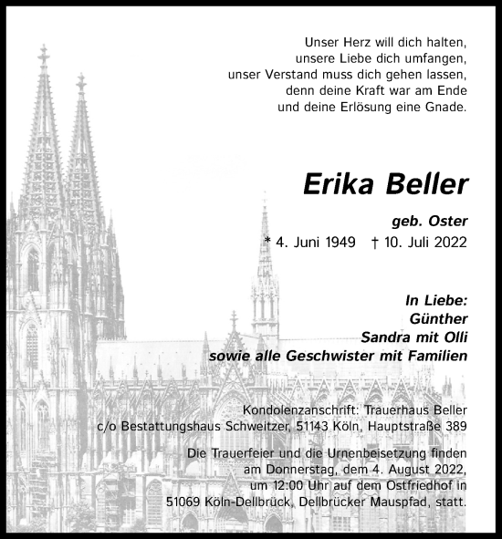 Anzeige von Erika Beller von Kölner Stadt-Anzeiger / Kölnische Rundschau / Express