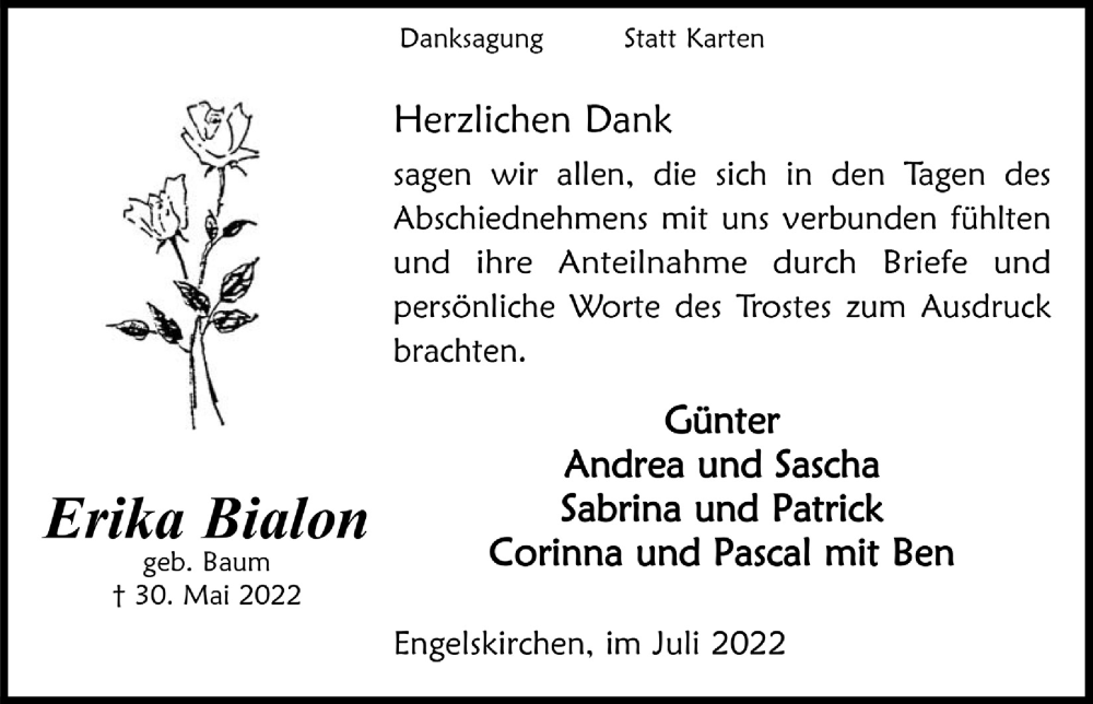  Traueranzeige für Erika Bialon vom 08.07.2022 aus  Anzeigen Echo 