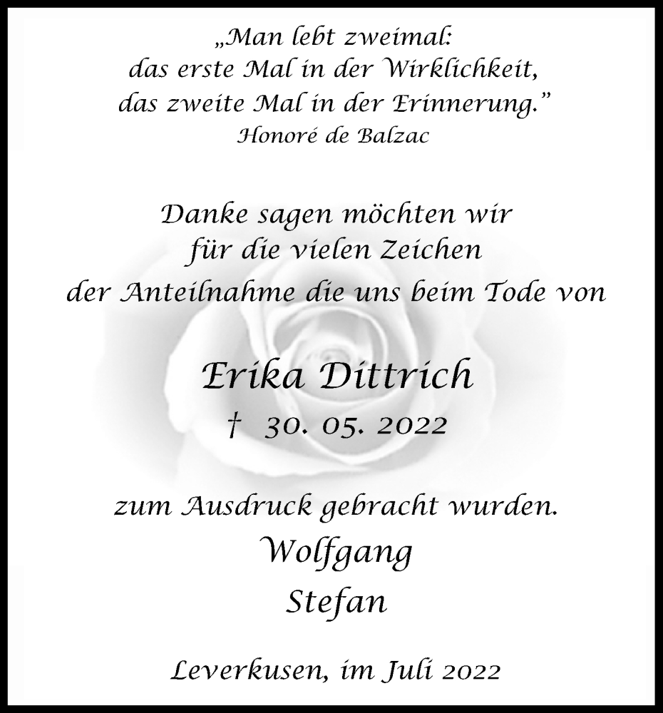  Traueranzeige für Erika Dittrich vom 23.07.2022 aus Kölner Stadt-Anzeiger / Kölnische Rundschau / Express