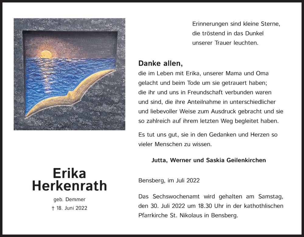  Traueranzeige für Erika Herkenrath vom 23.07.2022 aus Kölner Stadt-Anzeiger / Kölnische Rundschau / Express