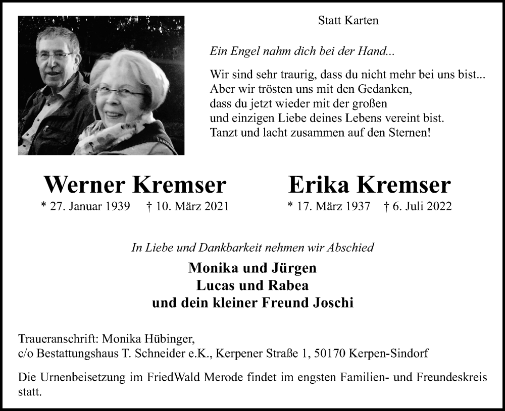 Traueranzeige für Erika Kremser vom 16.07.2022 aus Kölner Stadt-Anzeiger / Kölnische Rundschau / Express
