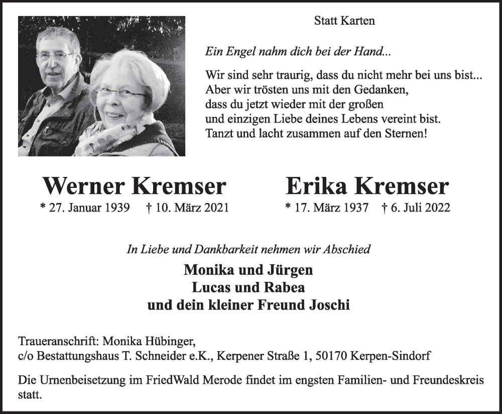  Traueranzeige für Erika Kremser vom 15.07.2022 aus  Werbepost 