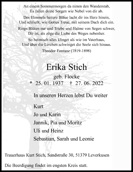 Anzeige von Erika Stich von Kölner Stadt-Anzeiger / Kölnische Rundschau / Express