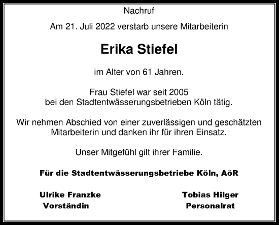 Anzeige von Erika Stiefel von Kölner Stadt-Anzeiger / Kölnische Rundschau / Express