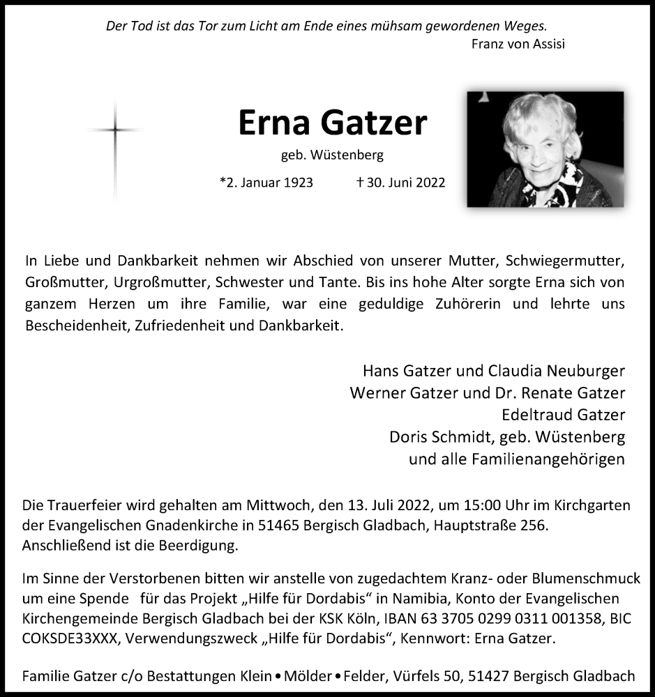  Traueranzeige für Erna Gatzer vom 09.07.2022 aus Kölner Stadt-Anzeiger / Kölnische Rundschau / Express