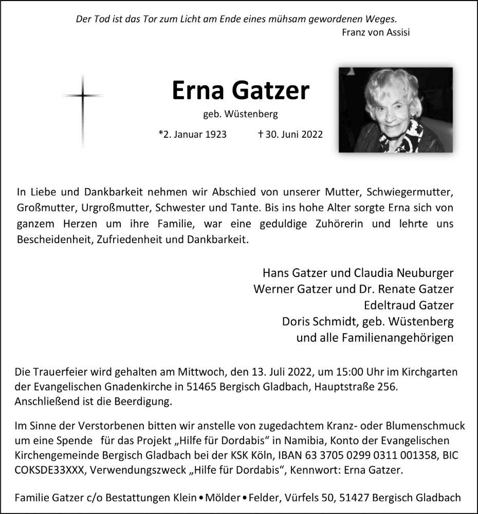  Traueranzeige für Erna Gatzer vom 08.07.2022 aus  Bergisches Handelsblatt 