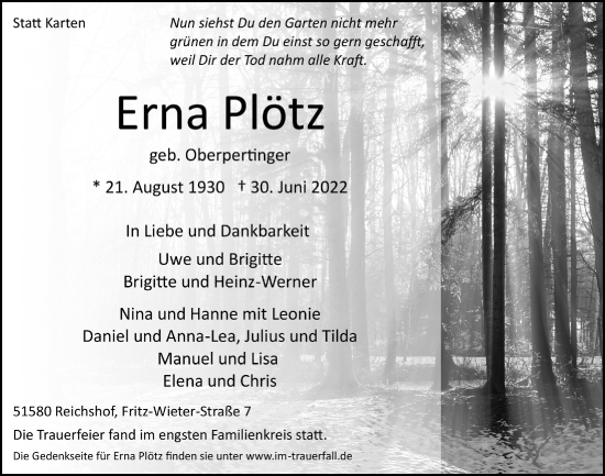 Anzeige von Erna Plötz von  Lokalanzeiger 