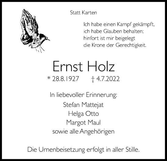 Anzeige von Ernst Holz von Kölner Stadt-Anzeiger / Kölnische Rundschau / Express