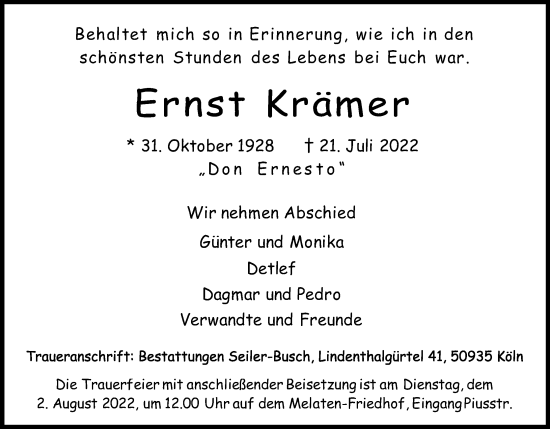Anzeige von Ernst Krämer von Kölner Stadt-Anzeiger / Kölnische Rundschau / Express
