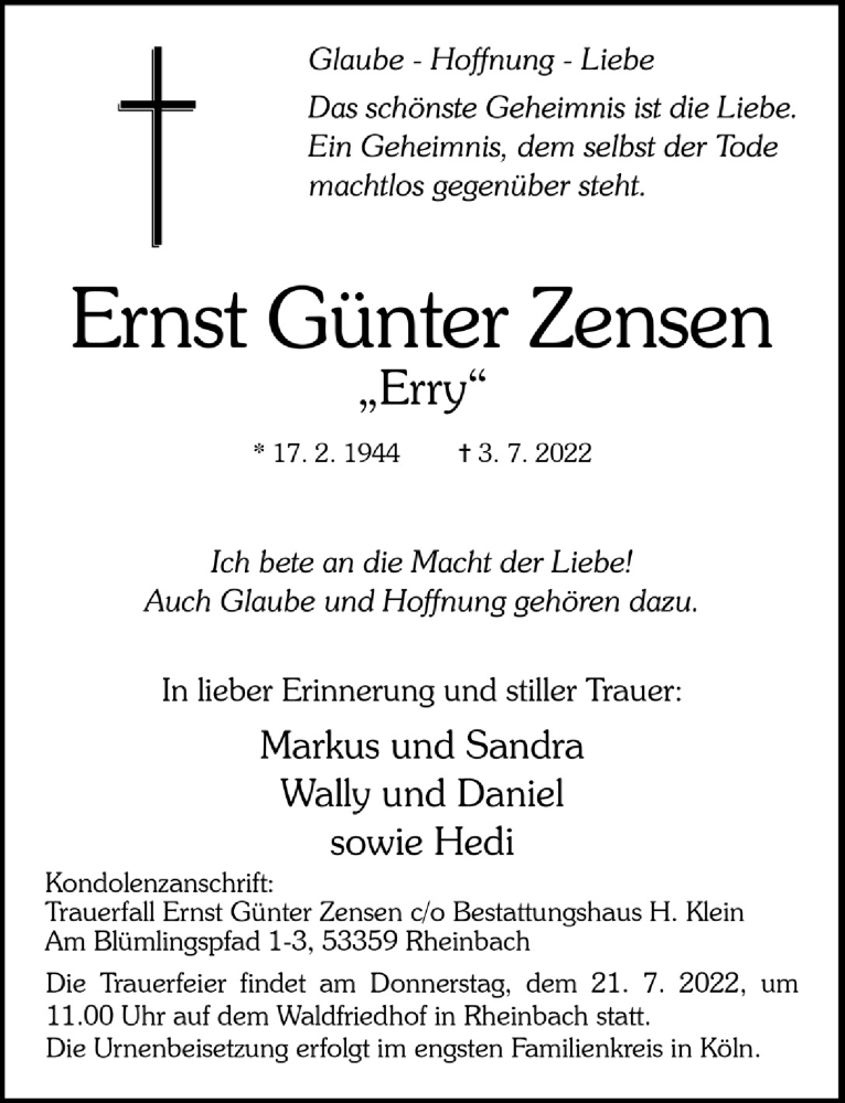  Traueranzeige für Ernst Günter Zensen vom 15.07.2022 aus  Schaufenster/Blickpunkt 