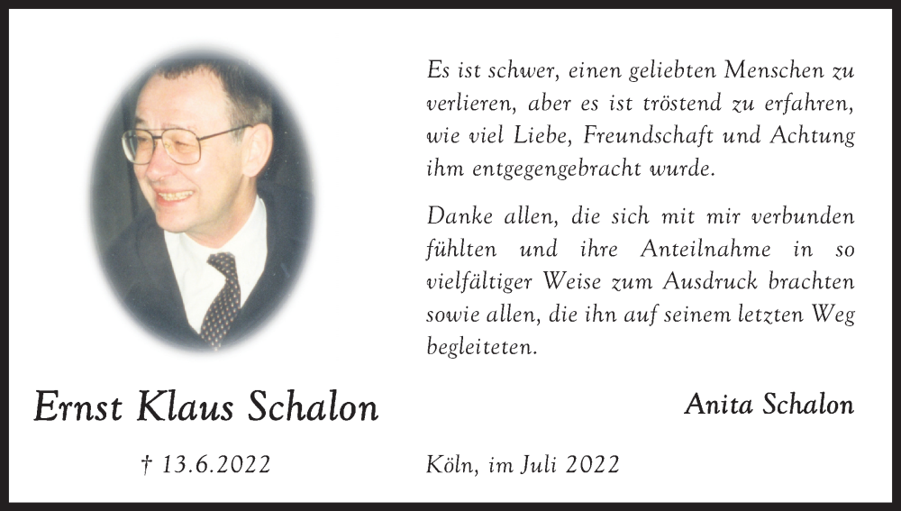  Traueranzeige für Ernst Klaus Schalon vom 23.07.2022 aus Kölner Stadt-Anzeiger / Kölnische Rundschau / Express