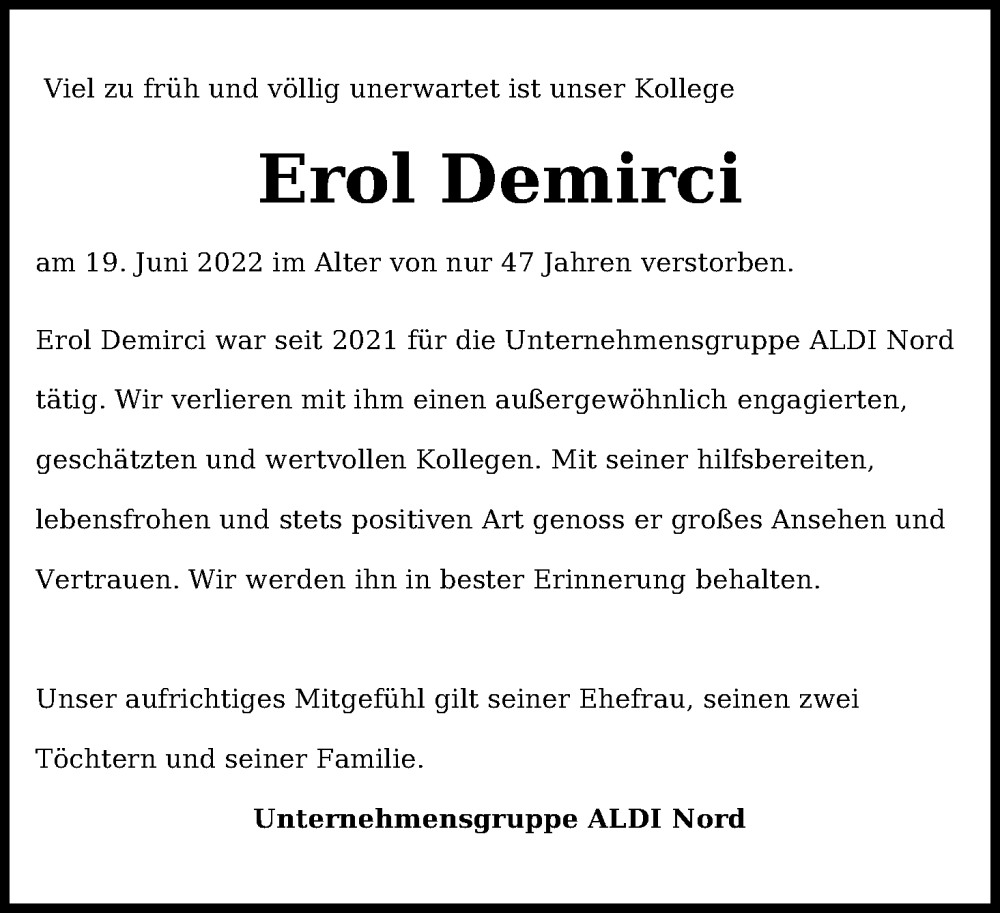  Traueranzeige für Erol Demirci vom 15.07.2022 aus Kölner Stadt-Anzeiger / Kölnische Rundschau / Express