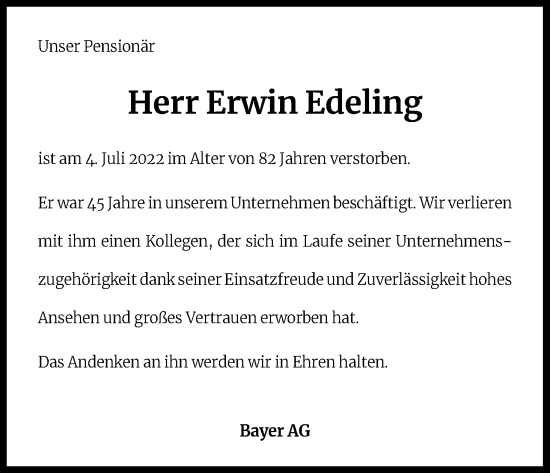 Anzeige von Erwin Edeling von Kölner Stadt-Anzeiger / Kölnische Rundschau / Express