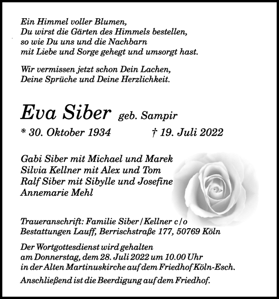 Anzeige von Eva Siber von Kölner Stadt-Anzeiger / Kölnische Rundschau / Express